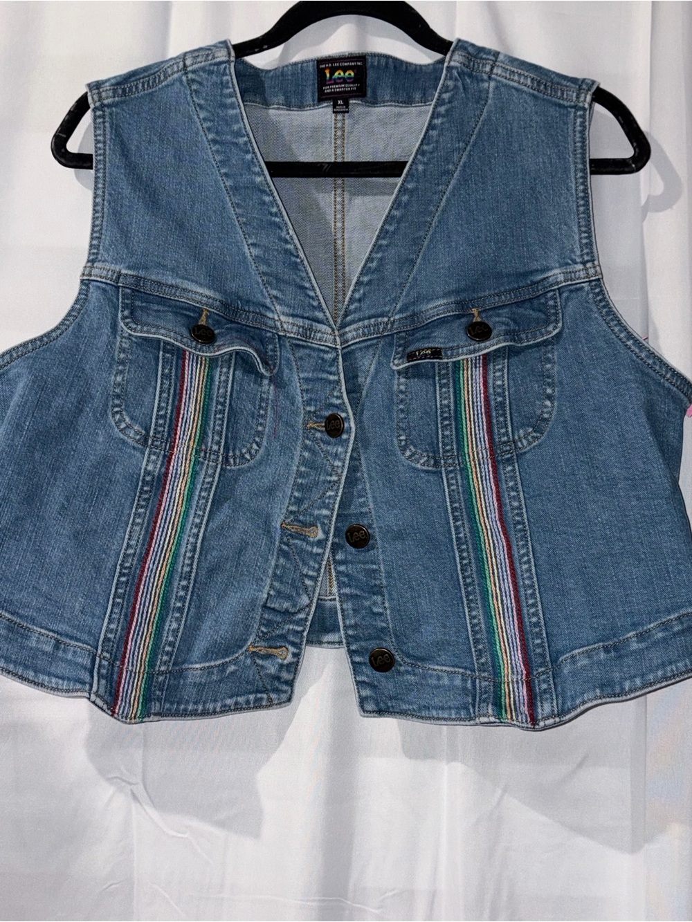 Lee Light Blue Denim Vest with Multicolor Stripe Trim